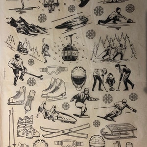 May include: Black and white line art illustration of winter sports and activities. The illustration includes snowboarding, skiing, ice skating, hockey, curling, sledding, and a ski lift.
