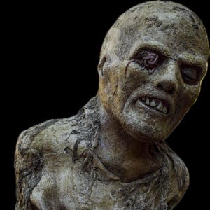 May include: A close-up of a zombie-like figure with a torn, tattered shirt. The figure has a missing eye and a bloody, open wound. The figure's skin is grey and wrinkled, and the mouth is open in a grotesque grin.