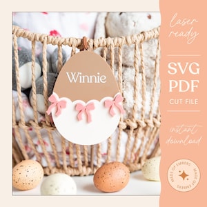 Etiqueta con nombre para huevo de Pascua, etiqueta personalizada para canasta de regalo, etiqueta con nombre personalizada para huevo, huevos de Pascua con lazos y festones, decoración acrílica SVG PDF