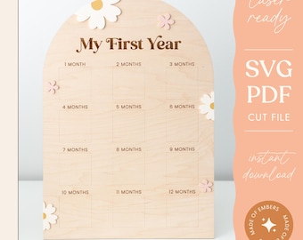 One Year Photo Board Wood Sign Milestone Photo Board Floral Daisy Laser Cutting File Engraving Design