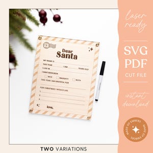 Carta de "Querido Papá Noel" con borde de rayas para borrar en seco, carta navideña, carta tradicional para niños, carta para Papá Noel, carta para niños, archivo SVG láser