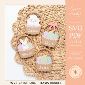 Étiquette de panier de Pâques avec des oeufs Étiquette personnalisée de nom de lapin Étiquette de cadeau de lapin Étiquette de nom personnalisée d'agneau dans le panier Coquette Bow Acrylique décor SVG PDF