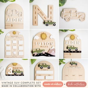 Coleção de lembranças de bebê SUV vintage, sinais de primeiro ano, gravação de arquivo de corte a laser