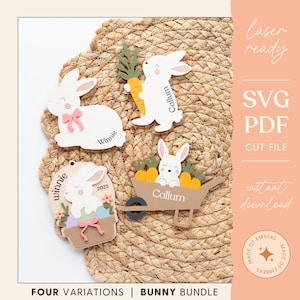 May include: Four variations of laser-cut bunny ornaments, including a bunny holding a carrot, a bunny in a wheelbarrow, and two bunnies with personalized names. The ornaments are made of wood and have a light brown color. The text "laser ready" and "SVG PDF cut file" is visible in the image.