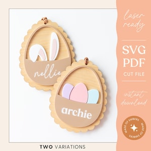 Etiqueta con nombre para canasta de Pascua personalizada, forma de huevo, festón, archivo de corte láser 3D, diseño de grabado / 2 versiones
