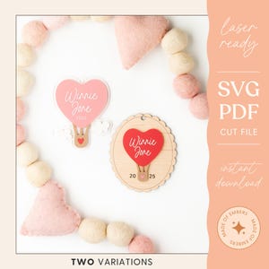 Etichetta con nome a forma di mongolfiera a forma di cuore, etichetta con palloncino a forma di cestino di San Valentino, etichetta con nome personalizzato a forma di palloncino per San Valentino, etichetta laser SVG