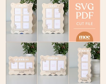 May include: Three wooden picture frames with a scalloped edge and floral design. The frames are labeled "mama", "grandma", and "mama". Each frame has four photo slots.