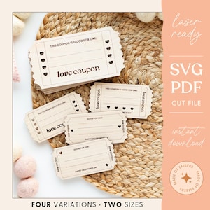 Cupones de amor para el día de San Valentín válidos para un boleto para el vale de amor para el día de San Valentín, regalo de aniversario para él y regalo para ella SVG láser