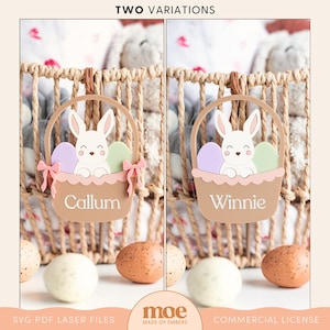 Panier de Pâques avec étiquette de panier lapin Étiquette nominative personnalisée Lapin Étiquette cadeau lapin Étiquette nominative personnalisée Lapin dans un panier Bois acrylique Decor SVG PDF