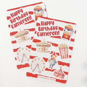 Carnival Themed Sticker Sheet Party Favor || Personalized Name || Circus Birthday Decoration || Clowns, Popcorn, Merry Go Round || Set of 10
