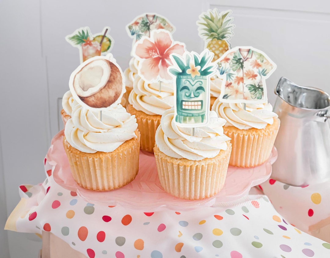 Hibiscus Tropical Cupcake Toppers - 12 Colorful Luau Party Decoration Rings