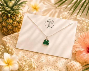 Glittery green lucky charm necklace  | glittery 4 leaf clover necklace |green glittery & silver lucky charm St. Patrick’s day necklace