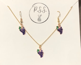 Grape fruit necklace & earring set  | bright fun gift | colorful fruit jewelry set