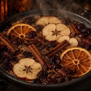 Peut inclure: Une marmite en fonte noire remplie d'une infusion liquide fumante contenant des tranches d'orange séchées, des rondelles de pomme, des bâtons de cannelle entiers, de l'anis étoilé et des baies séchées, formant un mélange texturé.