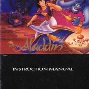 Peut inclure: Manuel d'instructions Aladdin pour Super Nintendo. La couverture présente Aladdin, Abu et le Génie. L'arrière-plan est une scène de désert avec un ciel violet. Le titre du jeu est en lettres dorées. Les logos Capcom et Super Nintendo sont en bas.