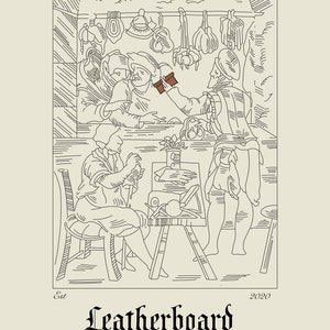 May include: A black and white line drawing of three people in a shop. The shop has a sign that says "Leatherboard" and "Est. 2020". The people are wearing clothing from the 1600s.