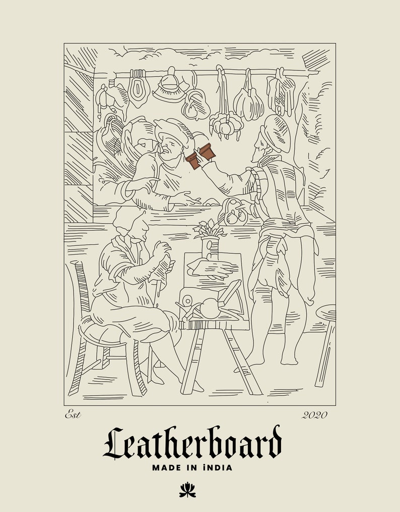 May include: A black and white line drawing of three people in a shop. The shop has a sign that says "Leatherboard" and "Est. 2020". The people are wearing clothing from the 1600s.