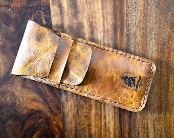 Hand-Sewn Leather Three Pen Case: Portable Writing Accessory