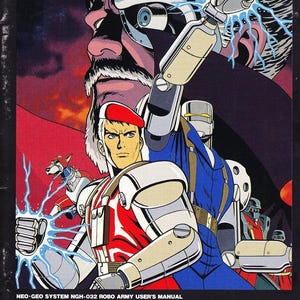 May include: Robo Army video game manual cover. The illustration features a heroic figure in a red and white uniform, a robot, and a large face in the background. The text reads "ROBO ARMY" and "NGH-032".