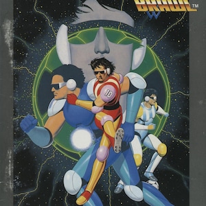 May include: Cover art for the video game Soccer Brawl. The image features three futuristic soccer players in action, set against a cosmic background. The game's title is at the top, and the user's manual is at the bottom.