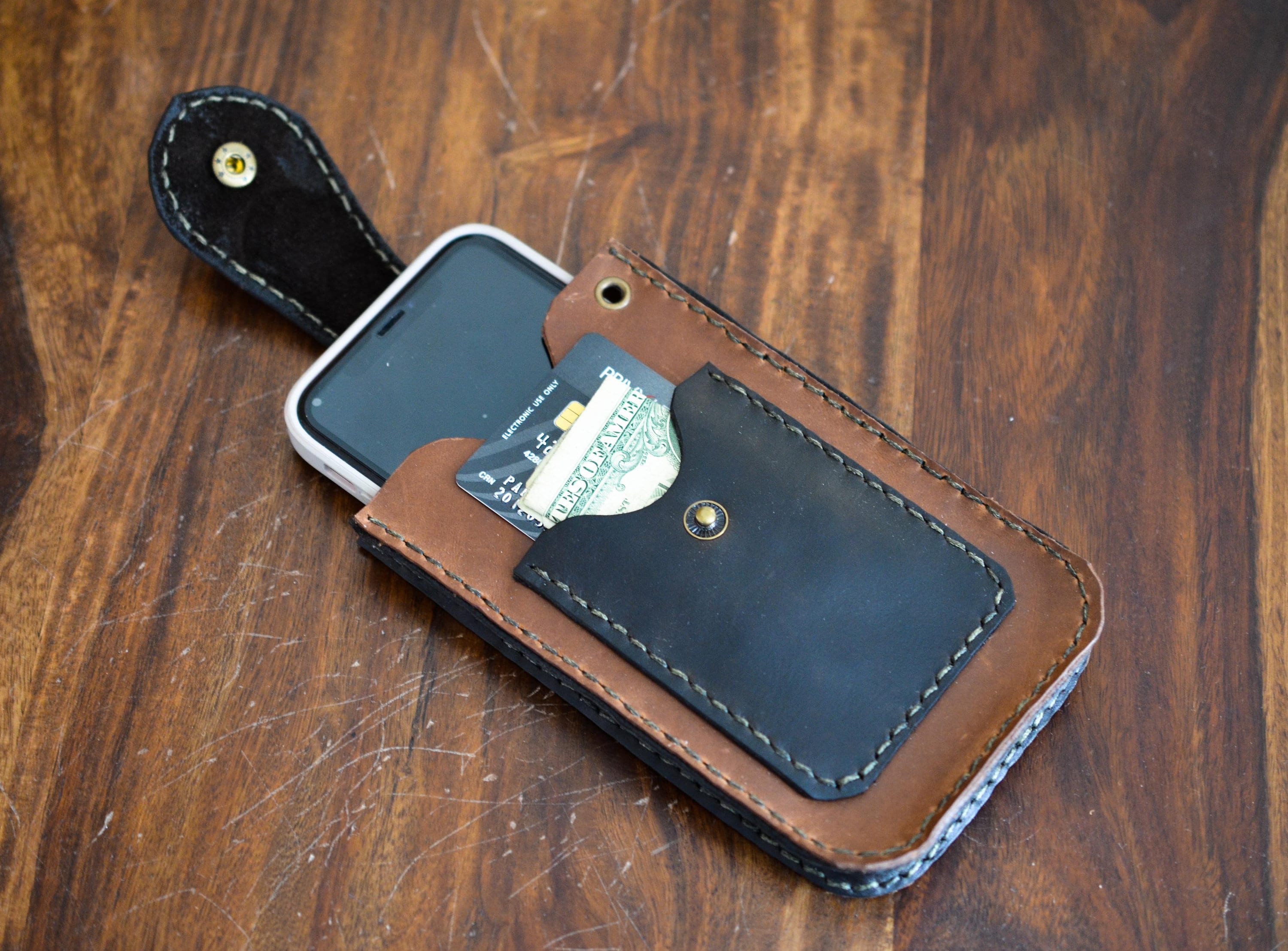 Leather iPhone Wallet  Case for two phones  Wood Brown  Crazy Horse Craft