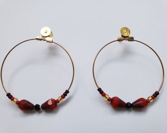gold and red beaded hoop earrings
