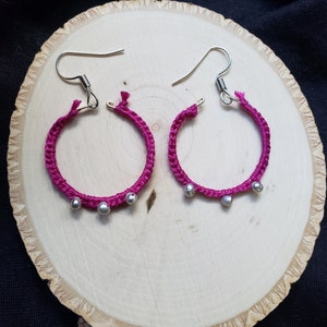 Hot pink hoop earrings with pearl beads
