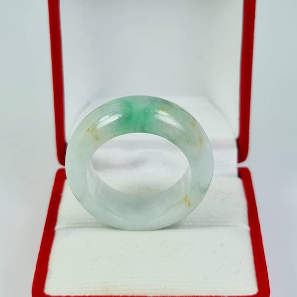 Rare Jadeite Round Ring Band Or Thumb Ring US Size 12 1/2 Grade A Jade Translucent Icy Bluish Vivid Green/Honey Moss In Snow Burma Jadeite