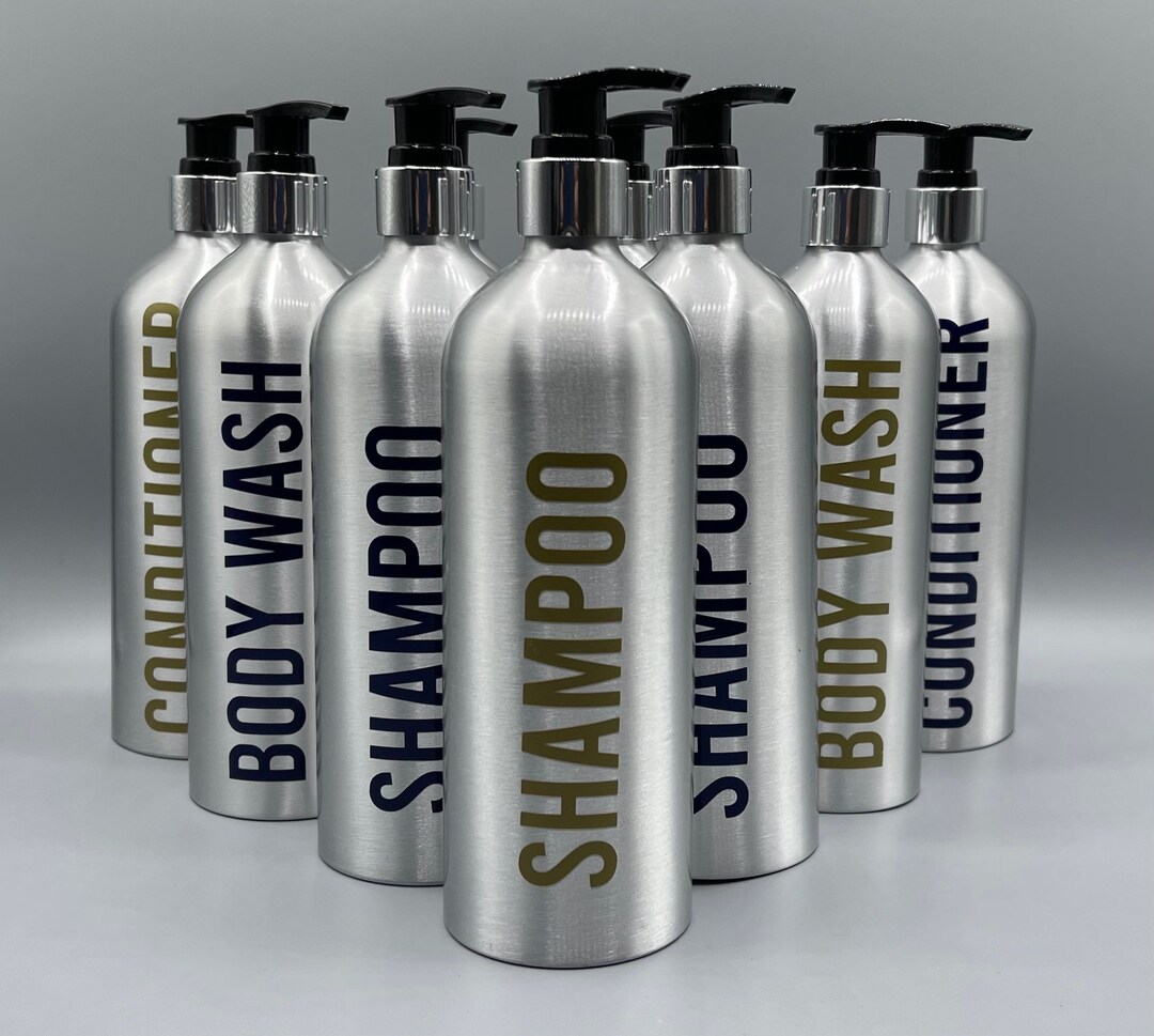 Personalised Brushed Aluminium Shampoo Bottles Bathroom Decor Eco