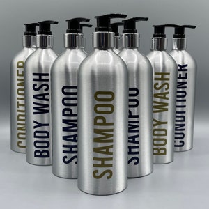 Personalisierte Shampoo-Flaschen aus gebürstetem Aluminium | Badezimmer Dekor | Öko-Flaschen | Weihnachtsgeschenk