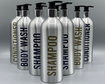 Personalised Brushed Aluminium Shampoo Bottles | Bathroom Decor | Eco Bottles