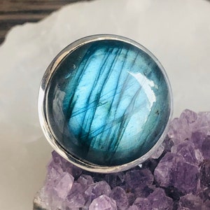 Adjustable round blue labradorite silver ring