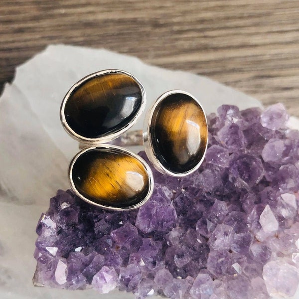 Tiger eye adjustable silver ring