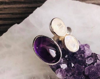 Amethyst faceted moonstone silver wrap ring