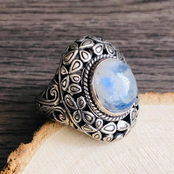 Bague En Argent 925 Avec Pierre De Lune Arc-en-ciel Naturelle - Pièce Unique Faite Main