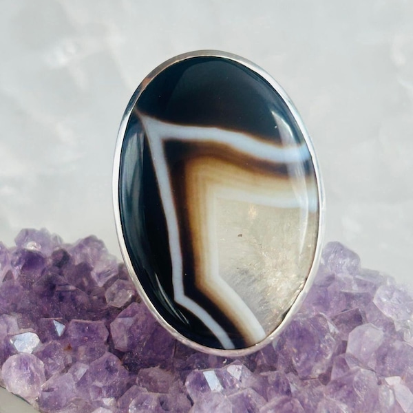 Bague unique réglable argent, pierre naturelle Agate à bandes ou rubanée