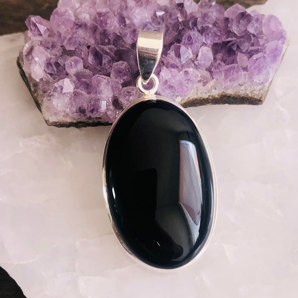 Beau Pendentif argent onyx noir ovale