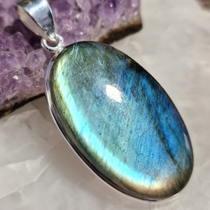 Artisan crafted blue labradorite sterling silver pendant oval