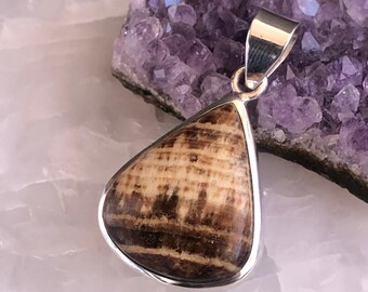 May include: A silver pendant with a brown and white striped stone. The stone is set in a silver bezel and the pendant is hanging from a silver chain.