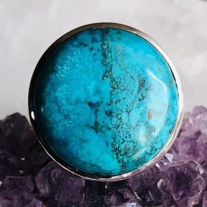Artisan crafted Azurite sterling silver adjustable ring, natural stone round