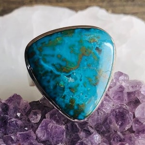 Artisan crafted Azurite sterling silver adjustable ring, natural stone drop shape