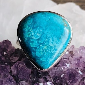 Artisan crafted Azurite sterling silver adjustable ring, natural stone drop shape