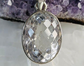 Faceted rock crystal silver pendant oval