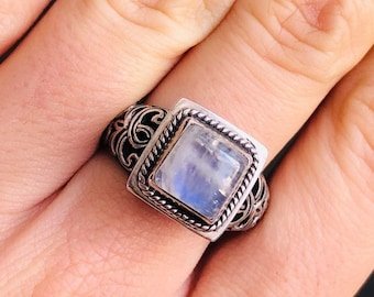 Square Rainbow Moonstone geometric sterling silver ring