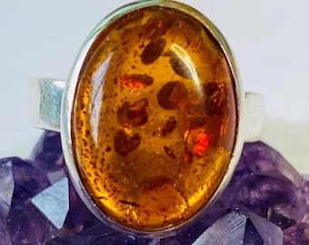 Ajustable ring handcrafted natural Baltic amber silver oval shape