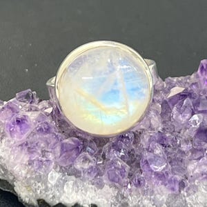 Rainbow Moonstone Adjustable Ring in Sterling Silver – Round Shape