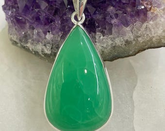 Artisan crafted Chrysoprase silver pendant drop shape