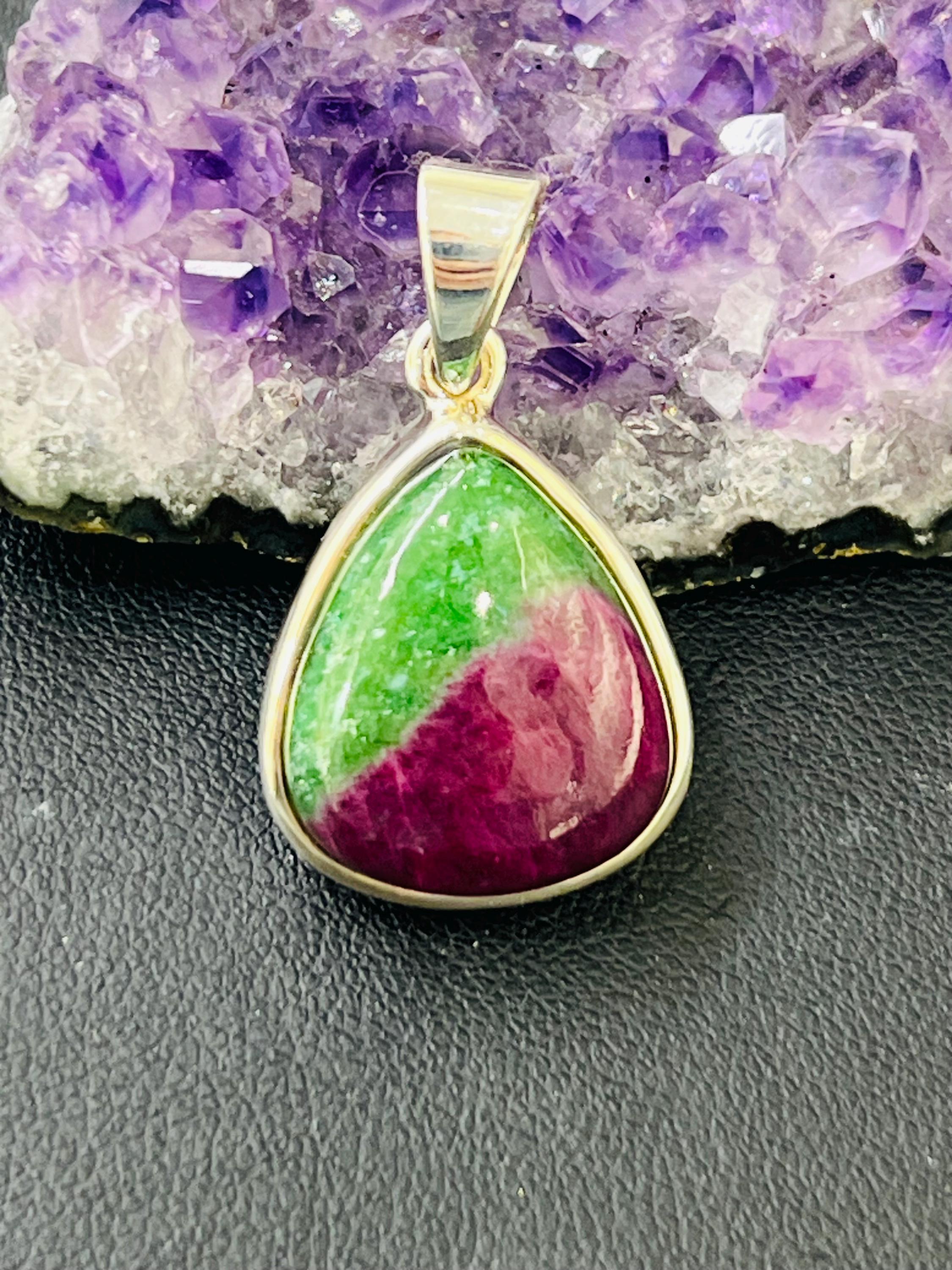 Zoisite ruby silver pendant, High-grade drop shape