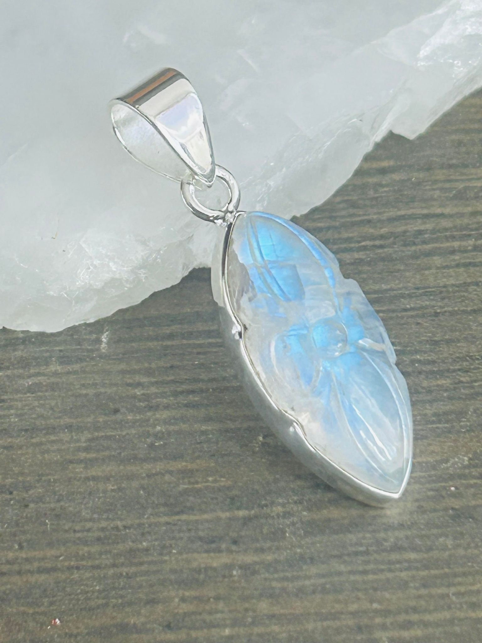 Magnificent Artisan Carved Rainbow Moonstone Sterling Silver