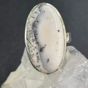 Adjustable Agate dendritic silver ring oval shape